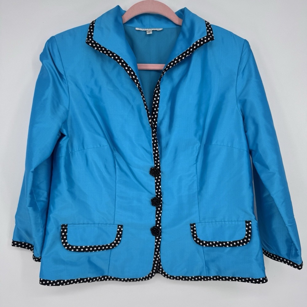Marisa Baratelli 100% Thai Silk Blazer Blue Polka Dot Trim‎ Luxury Evening 8